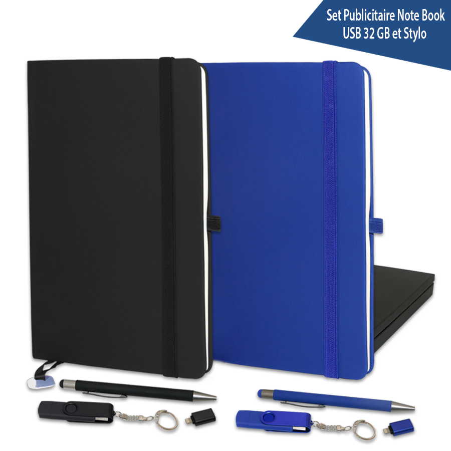 set publicitaire note book, usb 32 gb et stylo