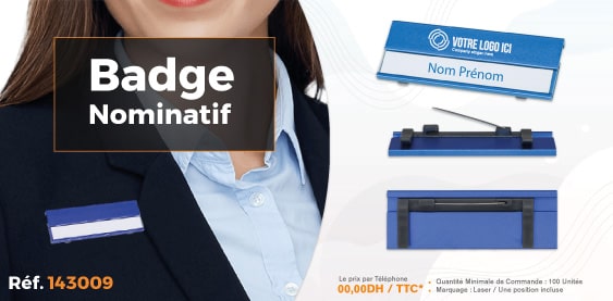 badge nominatif métal en bleu épingle