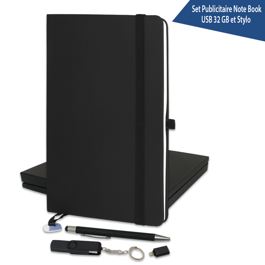 set publicitaire note book, usb 32 gb et stylo