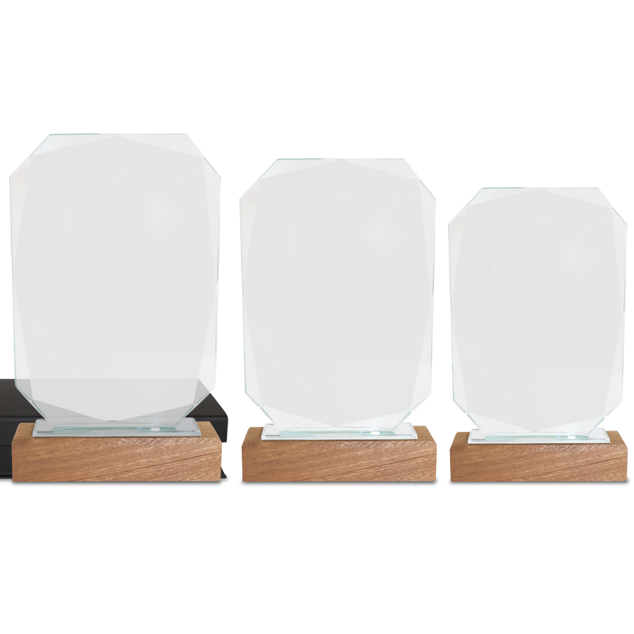 trophée premium en verre sur socle en bois