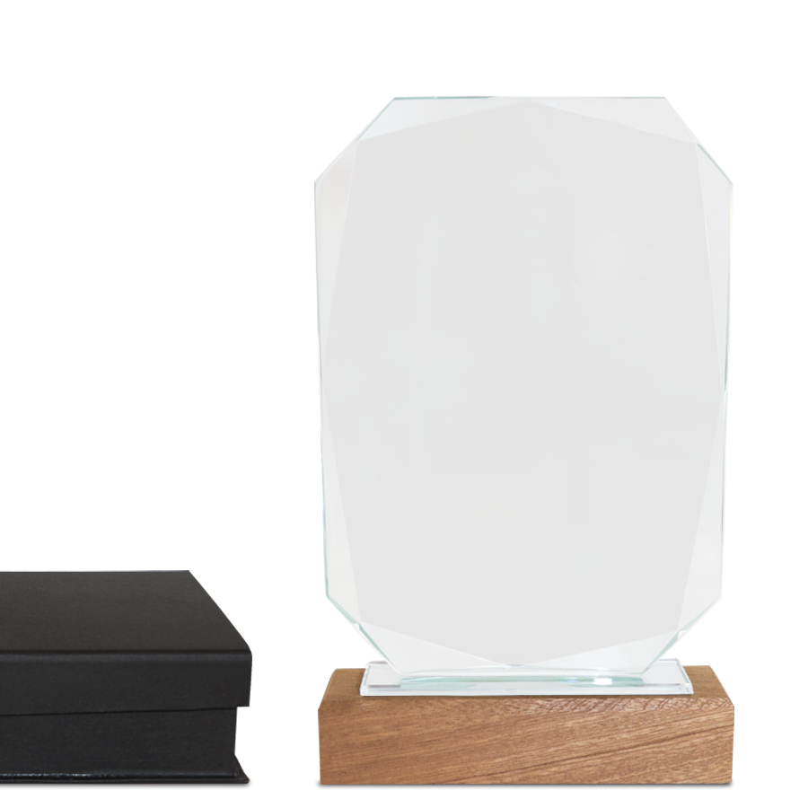 trophée premium en verre sur socle en bois